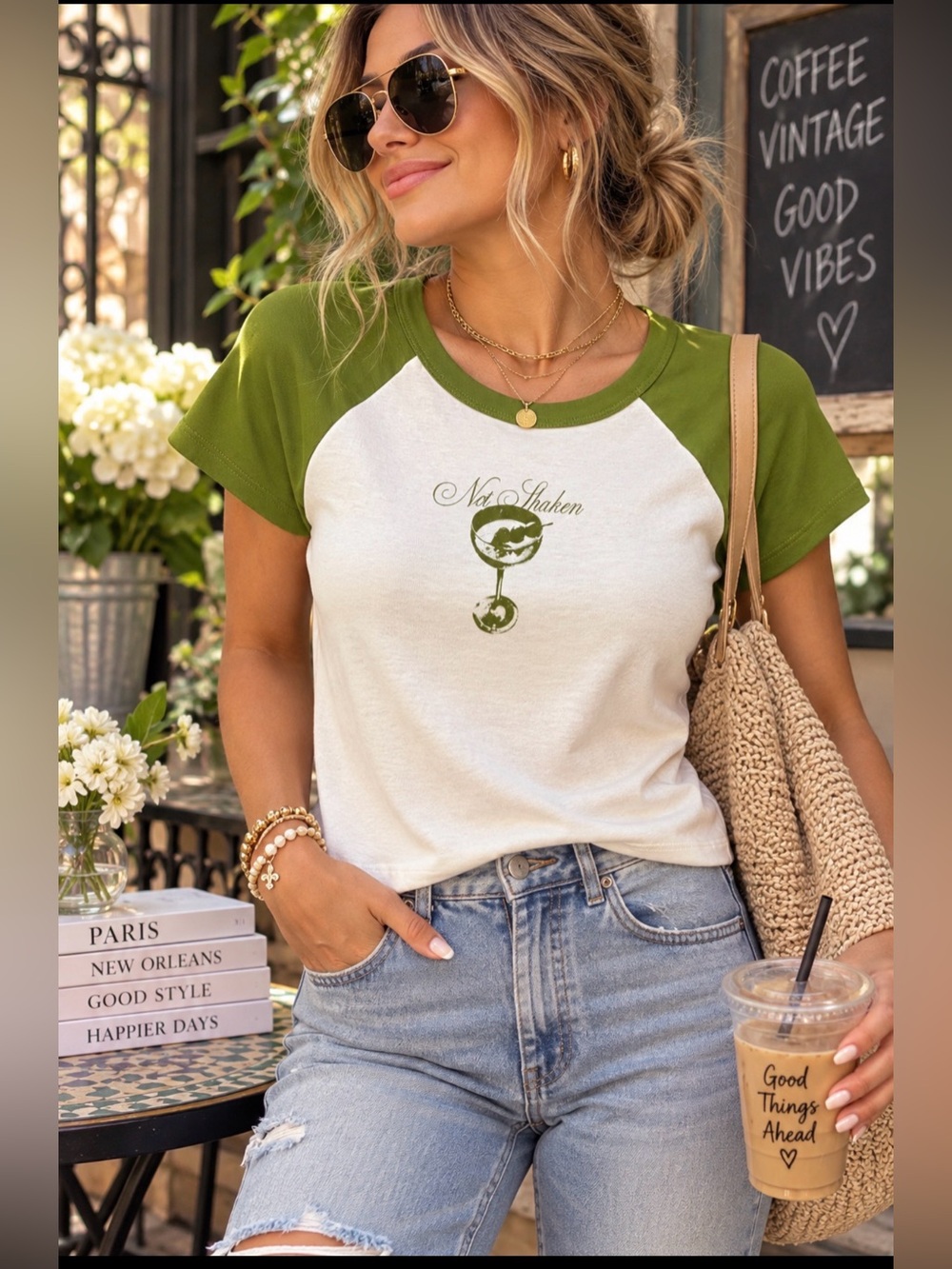 Daydreamer “Not Shaken” Martini Baby Tee Green & Cream Raglan Made in USA S